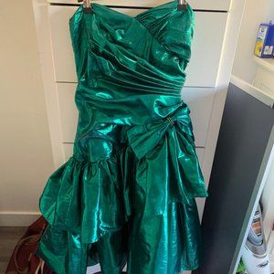 Vintage 1980s Metallic Green Teal Prom Dress